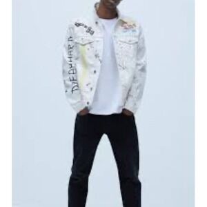 ZARA Oyster Graffiti Distressed White DENIM Jean JACKET  FUTURE Punk Size S Mens